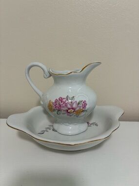 Vintage Syrup Gravy Creamer Pitcher With Drip Catcher Plate Floral Gold Trim